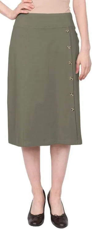 Baby'O Women's Stretch Cotton Knit Faux Button Front Below The Knee A-Line Skirt