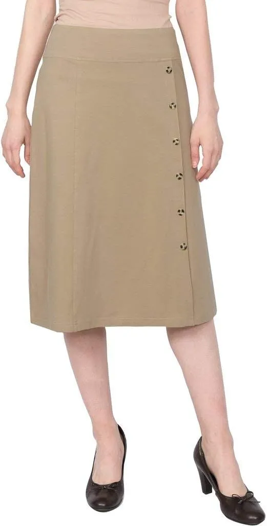 Baby'O Women's Stretch Cotton Knit Faux Button Front Below The Knee A-Line Skirt