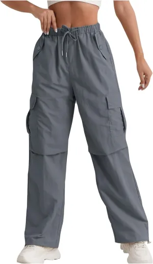 Baggy Cargo Pants Women Drawstring Elastic Waist Water Resistant Hiking Pants Lightweight Travel Pants with Pockets