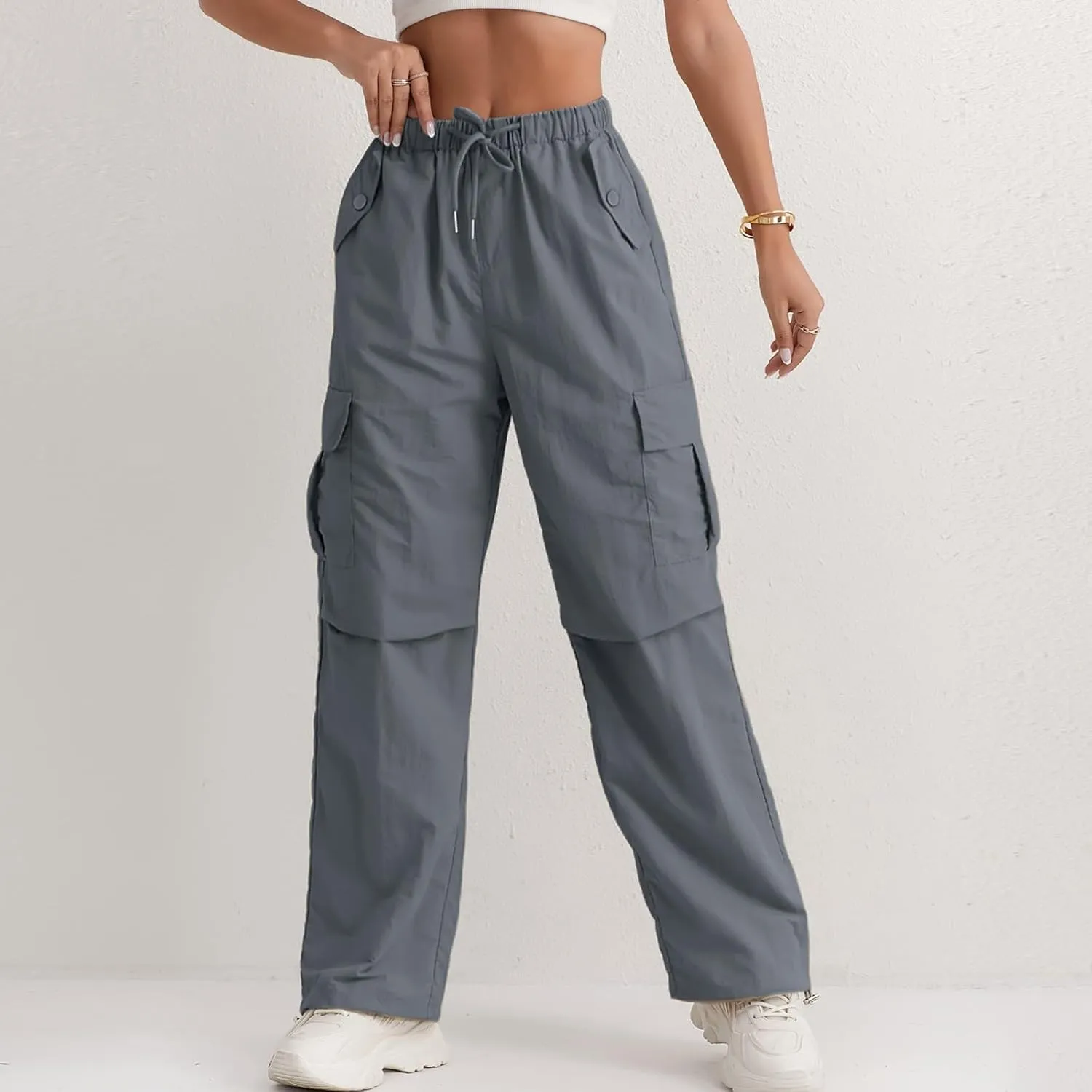 Baggy Cargo Pants Women Drawstring Elastic Waist Water Resistant Hiking Pants Lightweight Travel Pants with Pockets