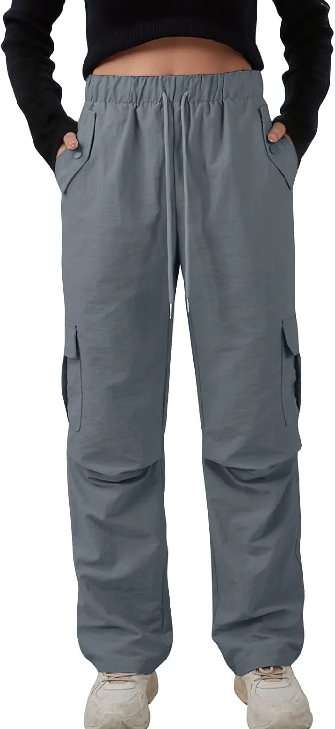 Baggy Cargo Pants Women Drawstring Elastic Waist Water Resistant Hiking Pants Lightweight Travel Pants with Pockets