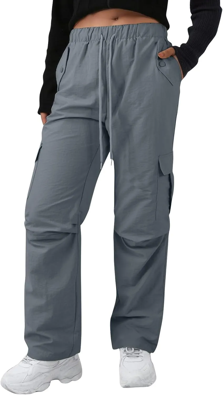 Baggy Cargo Pants Women Drawstring Elastic Waist Water Resistant Hiking Pants Lightweight Travel Pants with Pockets