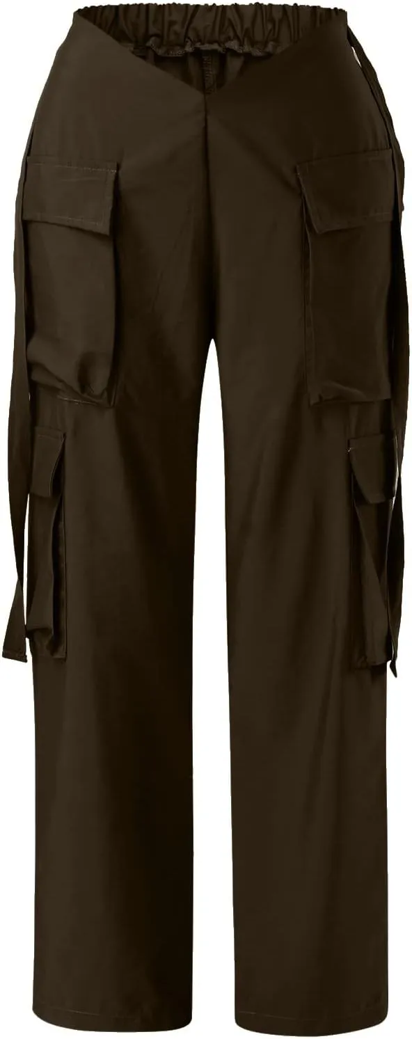 Baggy Parachute Pants for Women Girls Drawstring Elastic Low Waist Ruched Cargo Pants Multiple Pockets Jogger Y2K