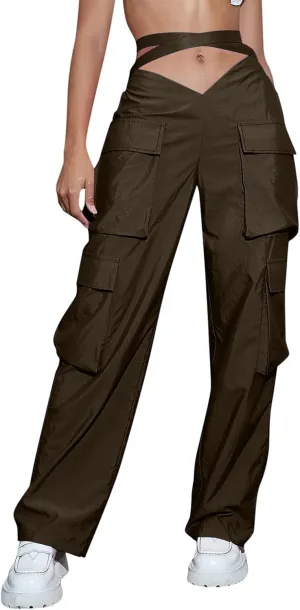 Baggy Parachute Pants for Women Girls Drawstring Elastic Low Waist Ruched Cargo Pants Multiple Pockets Jogger Y2K