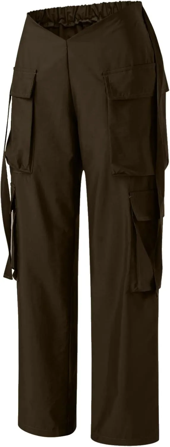 Baggy Parachute Pants for Women Girls Drawstring Elastic Low Waist Ruched Cargo Pants Multiple Pockets Jogger Y2K