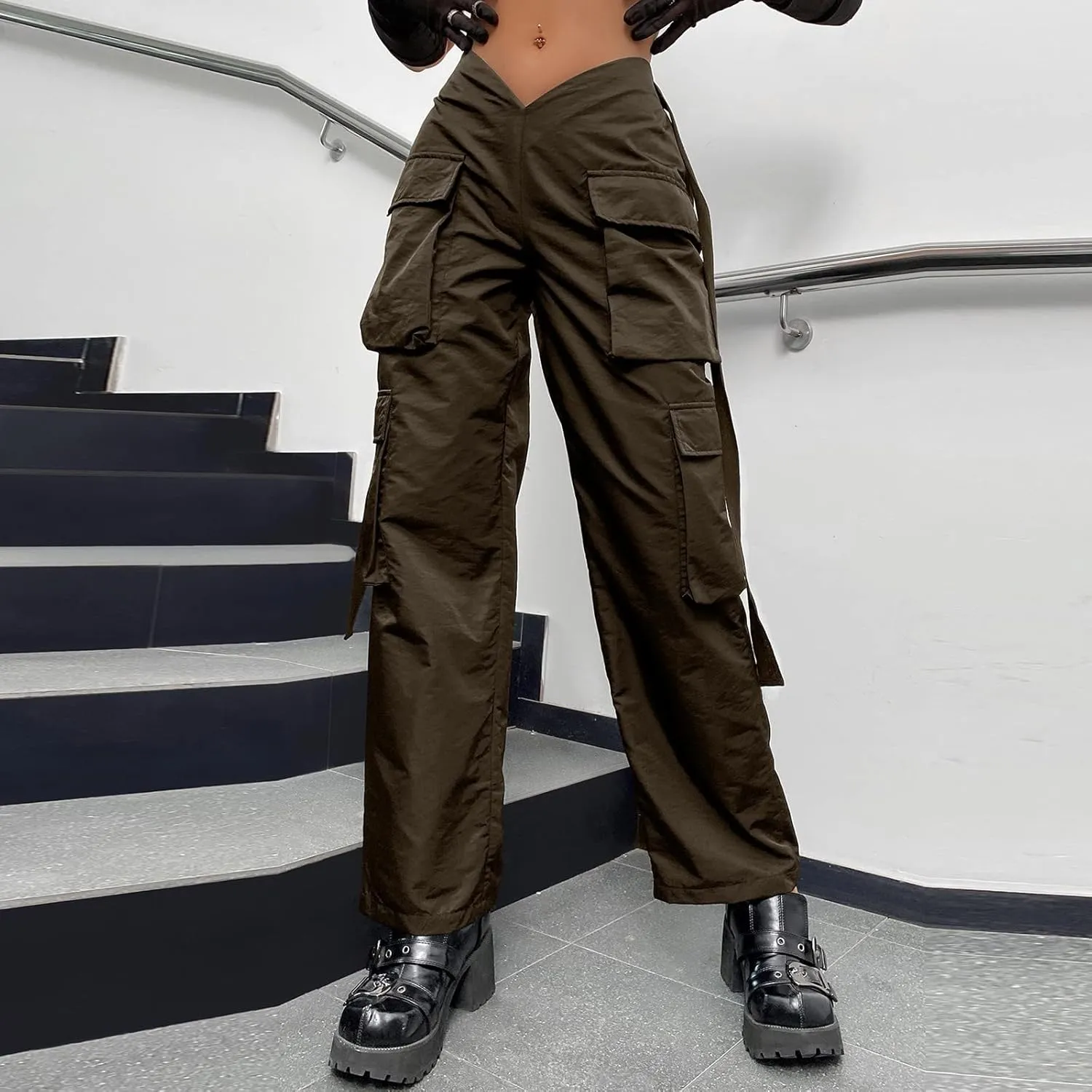Baggy Parachute Pants for Women Girls Drawstring Elastic Low Waist Ruched Cargo Pants Multiple Pockets Jogger Y2K