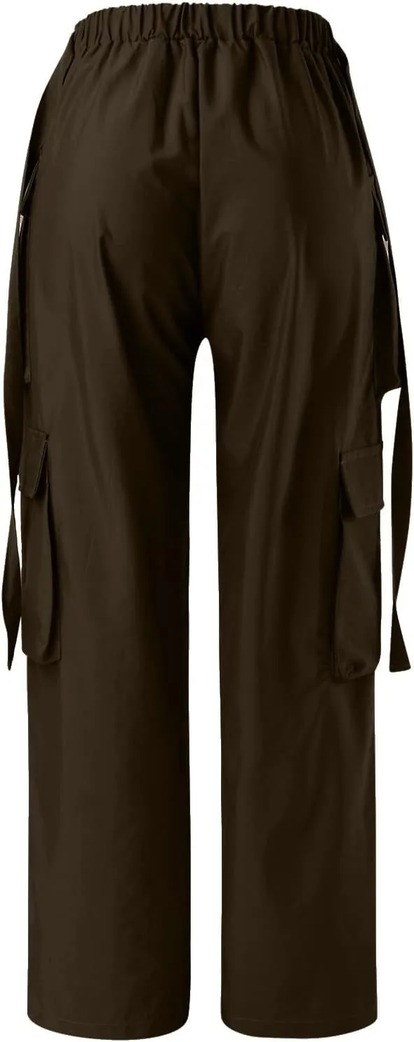 Baggy Parachute Pants for Women Girls Drawstring Elastic Low Waist Ruched Cargo Pants Multiple Pockets Jogger Y2K