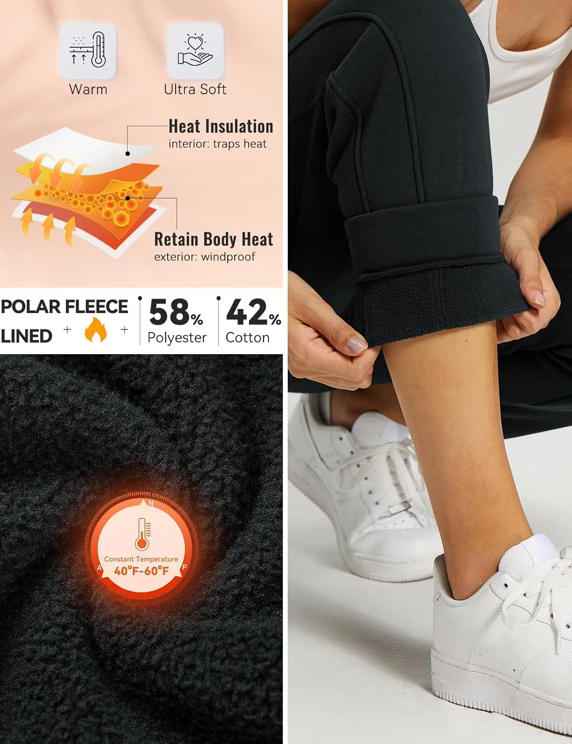 baleaf Women's Fleece Lined Pants Joggers Water-Resistant Zipper Pocket Thermal Sweatpants Winter Running Hiking Jogging