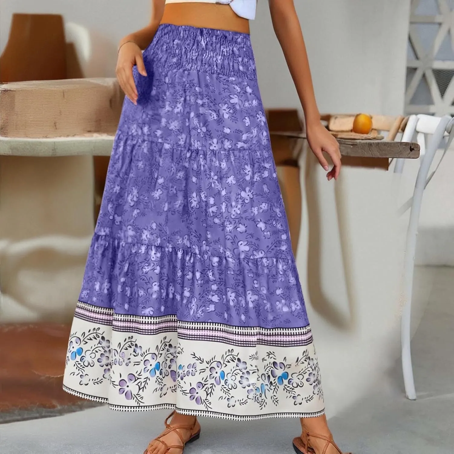 Beach Maxi Skirts for Women Summer Elastic High Waisted Flowy A-Line Ruffle Floral Boho Long Skirt