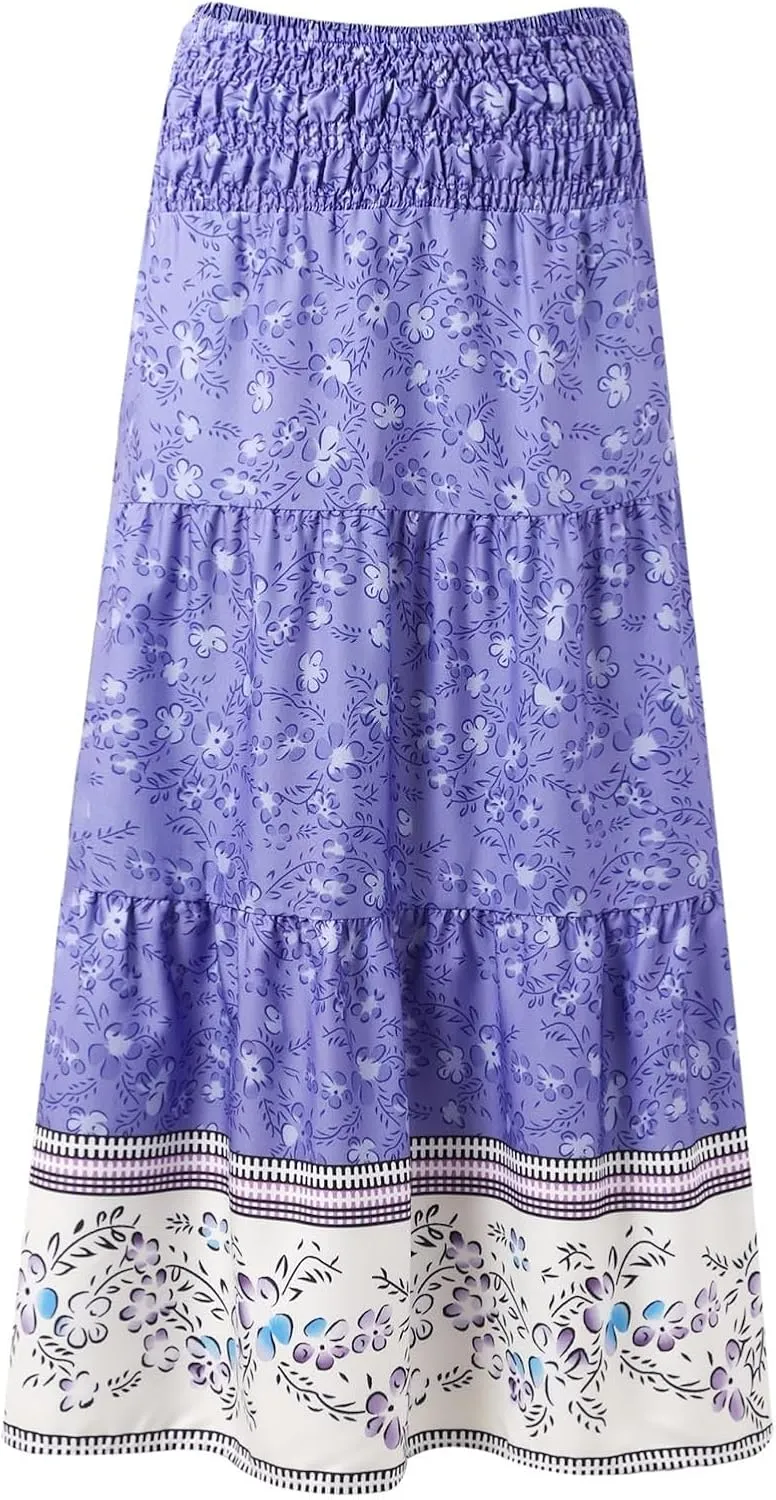 Beach Maxi Skirts for Women Summer Elastic High Waisted Flowy A-Line Ruffle Floral Boho Long Skirt