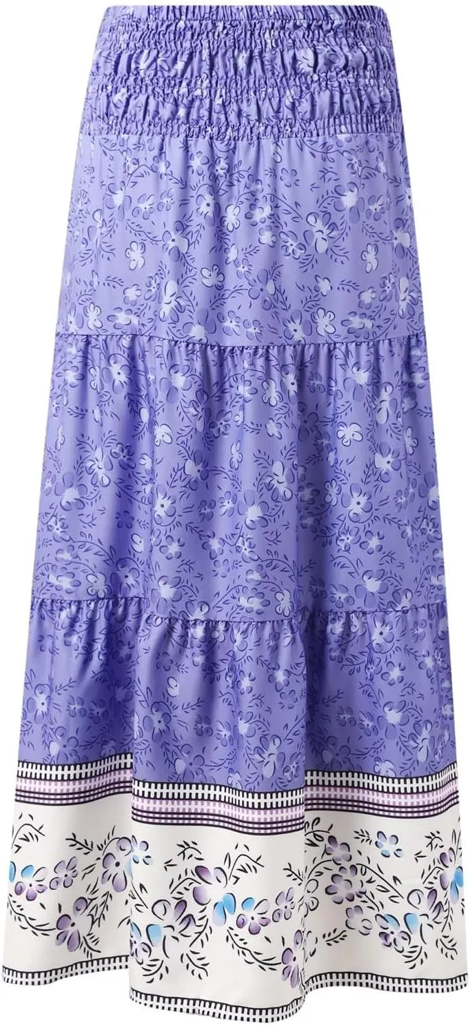 Beach Maxi Skirts for Women Summer Elastic High Waisted Flowy A-Line Ruffle Floral Boho Long Skirt