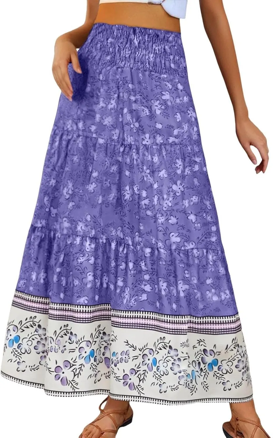 Beach Maxi Skirts for Women Summer Elastic High Waisted Flowy A-Line Ruffle Floral Boho Long Skirt