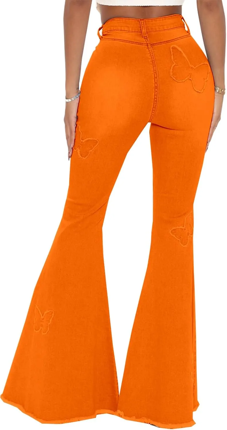 Bell Bottom Jeans for Women Butterfly Vintage High Waisted Skinny Flared Jeans Wide Leg Raw Hem Denim Pants
