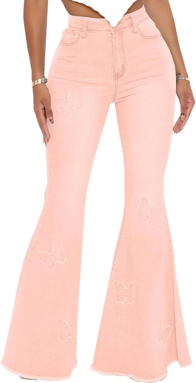 Bell Bottom Jeans for Women Butterfly Vintage High Waisted Skinny Flared Jeans Wide Leg Raw Hem Denim Pants