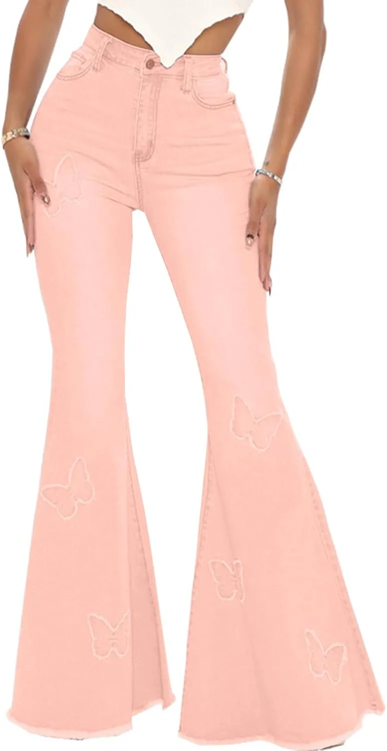 Bell Bottom Jeans for Women Butterfly Vintage High Waisted Skinny Flared Jeans Wide Leg Raw Hem Denim Pants