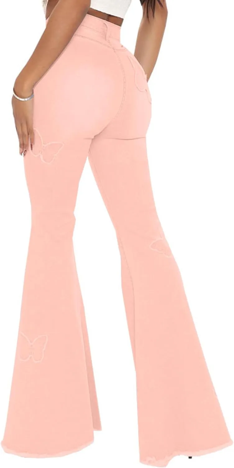 Bell Bottom Jeans for Women Butterfly Vintage High Waisted Skinny Flared Jeans Wide Leg Raw Hem Denim Pants