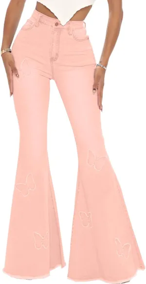 Bell Bottom Jeans for Women Butterfly Vintage High Waisted Skinny Flared Jeans Wide Leg Raw Hem Denim Pants