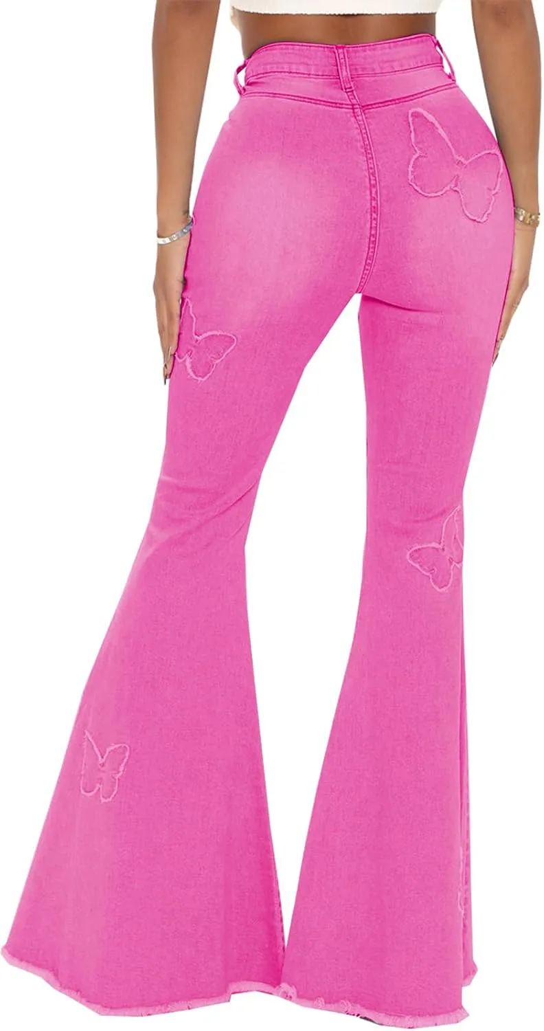 Bell Bottom Jeans for Women Butterfly Vintage High Waisted Skinny Flared Jeans Wide Leg Raw Hem Denim Pants
