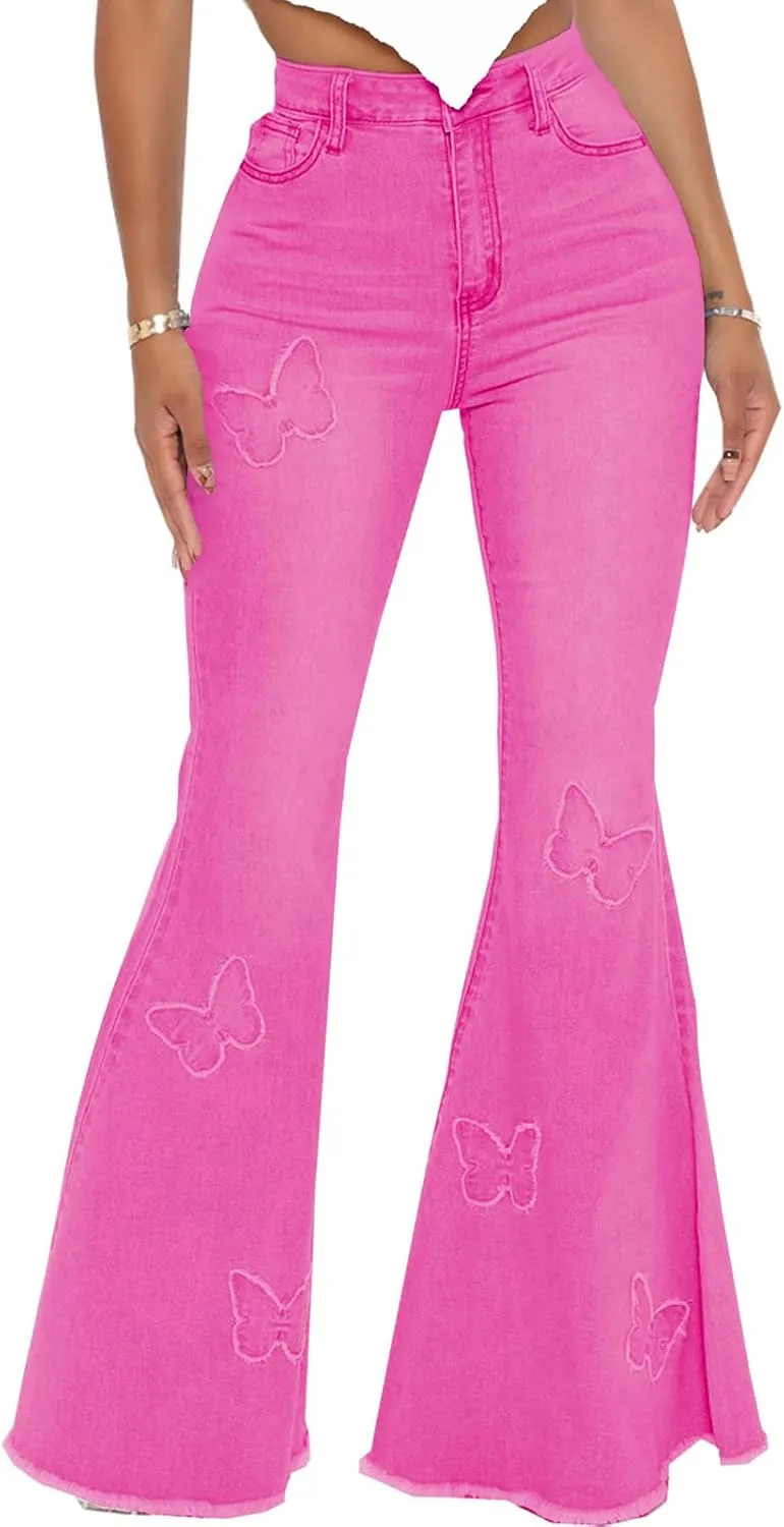 Bell Bottom Jeans for Women Butterfly Vintage High Waisted Skinny Flared Jeans Wide Leg Raw Hem Denim Pants