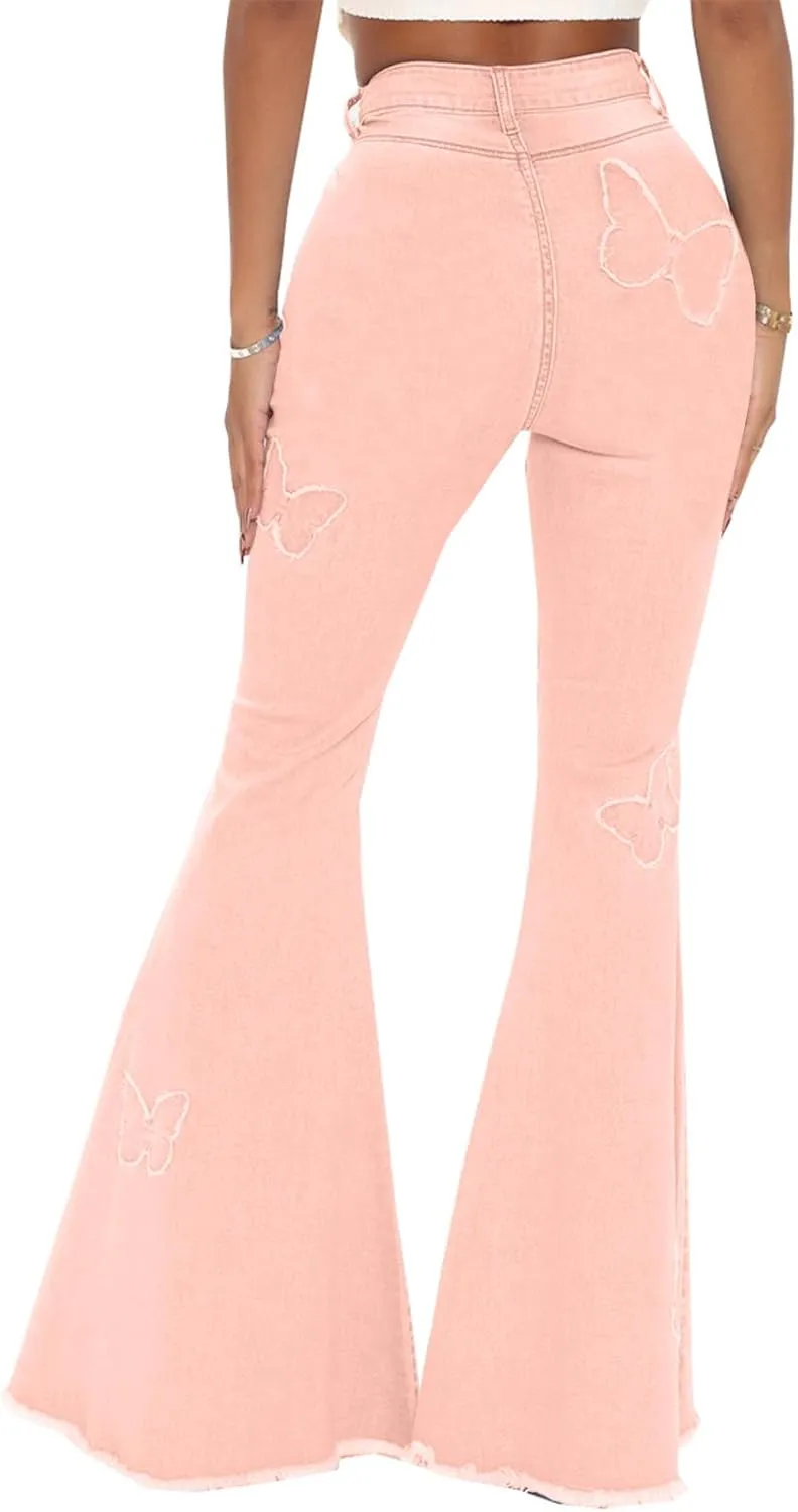 Bell Bottom Jeans for Women Butterfly Vintage High Waisted Skinny Flared Jeans Wide Leg Raw Hem Denim Pants