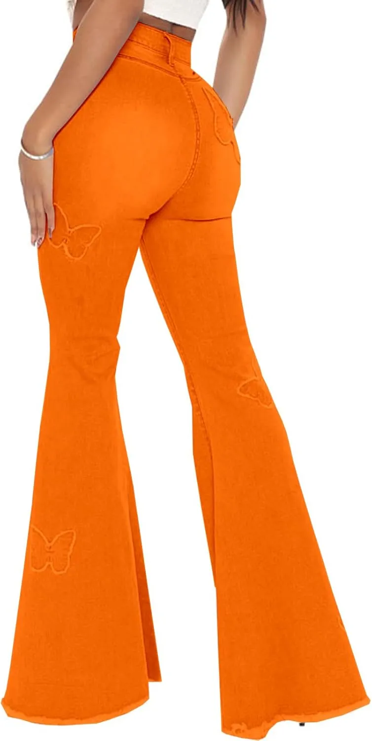 Bell Bottom Jeans for Women Butterfly Vintage High Waisted Skinny Flared Jeans Wide Leg Raw Hem Denim Pants