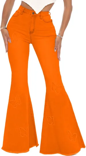 Bell Bottom Jeans for Women Butterfly Vintage High Waisted Skinny Flared Jeans Wide Leg Raw Hem Denim Pants
