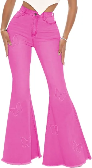 Bell Bottom Jeans for Women Butterfly Vintage High Waisted Skinny Flared Jeans Wide Leg Raw Hem Denim Pants