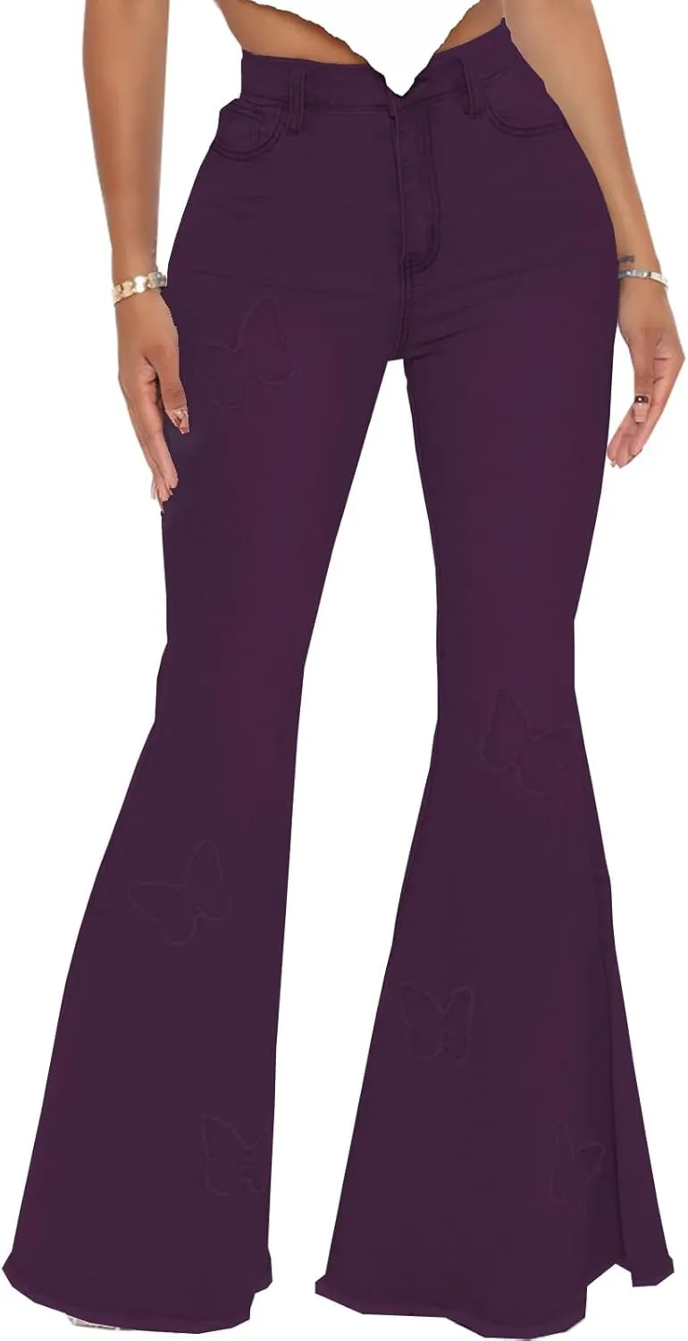 Bell Bottom Jeans for Women Butterfly Vintage High Waisted Skinny Flared Jeans Wide Leg Raw Hem Denim Pants