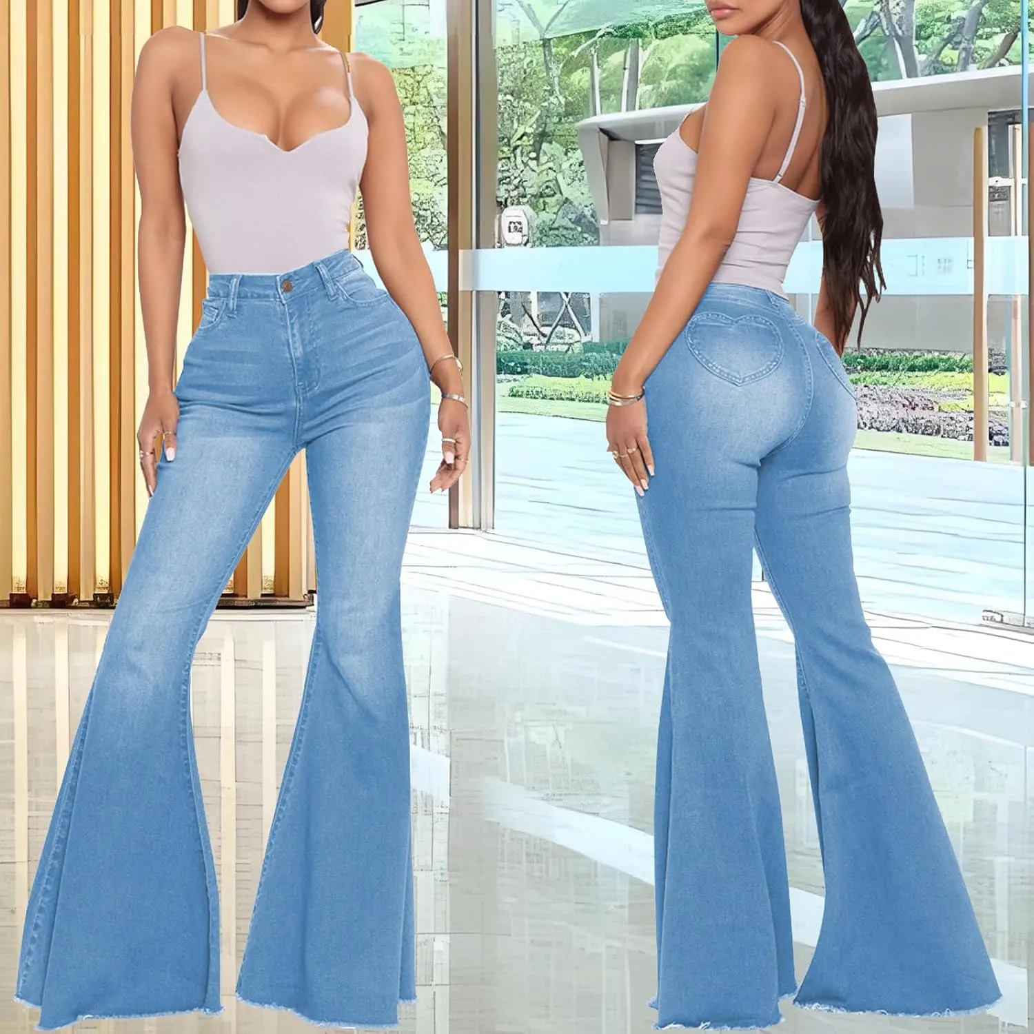 Bell Bottom Jeans for Women Skinny Flared Jeans Elastic High Waisted Vintage 70s Classic Stretchy Wide Leg Denim Pants