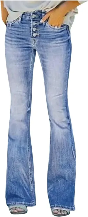 Bell Bottom Jeans Trendy High Waisted Stretchy Flare Jeans Casual Button Stretch Wide Leg Denim Pants