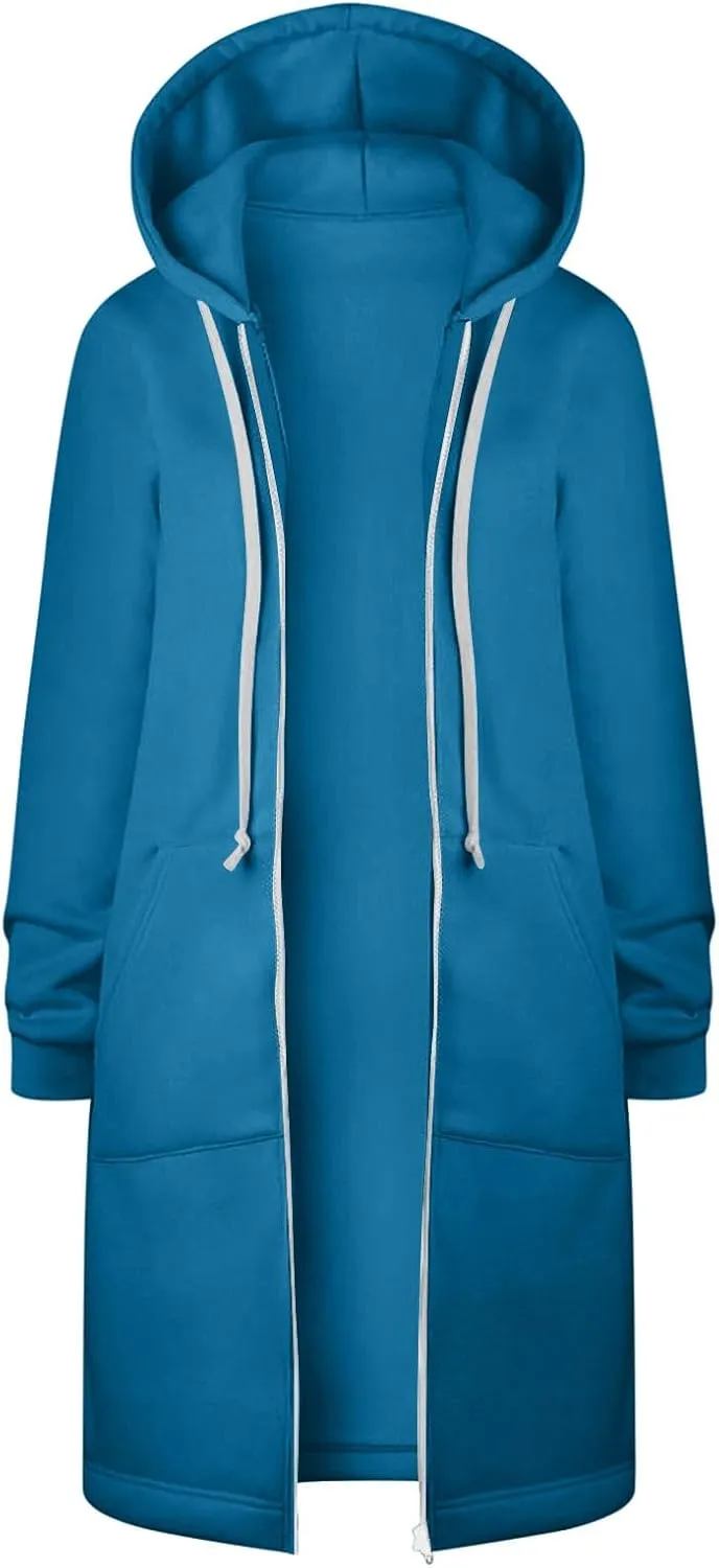 Binmer Women Casual Zip up Fleece Hoodies Plus Size Knee Length Tunic Sweatshirts Long Sleeve Fall Hooded Jacket with Pocket