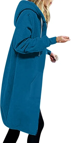 Binmer Women Casual Zip up Fleece Hoodies Plus Size Knee Length Tunic Sweatshirts Long Sleeve Fall Hooded Jacket with Pocket