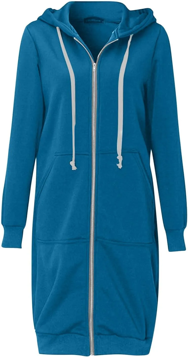 Binmer Women Casual Zip up Fleece Hoodies Plus Size Knee Length Tunic Sweatshirts Long Sleeve Fall Hooded Jacket with Pocket