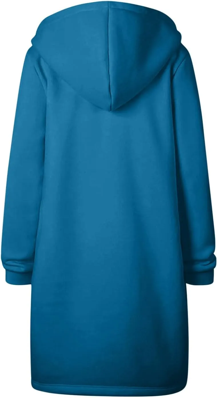Binmer Women Casual Zip up Fleece Hoodies Plus Size Knee Length Tunic Sweatshirts Long Sleeve Fall Hooded Jacket with Pocket