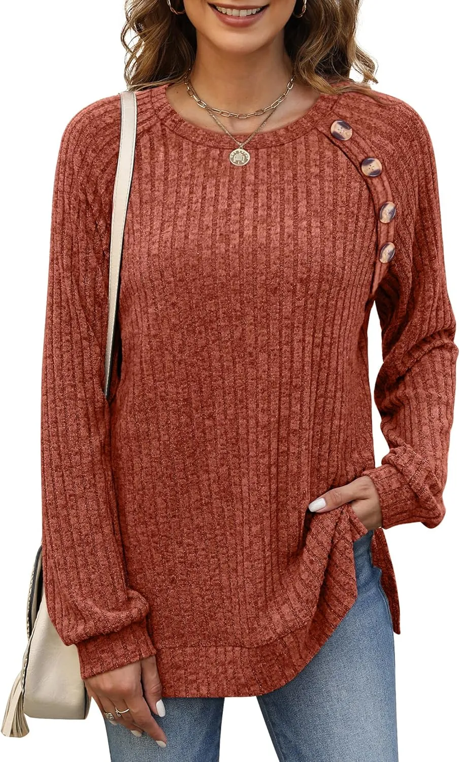 Bofell Long Sleeve Shirts for Women Lightweight Button Decor Tunic Tops Side Split