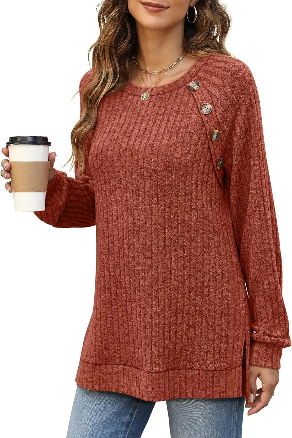Bofell Long Sleeve Shirts for Women Lightweight Button Decor Tunic Tops Side Split