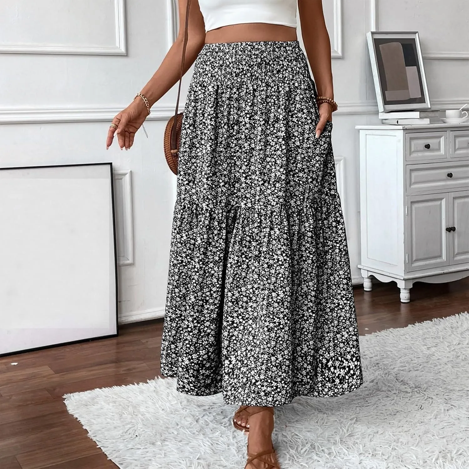 Boho Floral Summer Maxi Skirt Women Elastic High Waist Tiered Pleated Flowy Long Casual Beach Skirt
