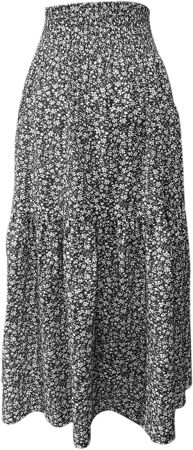 Boho Floral Summer Maxi Skirt Women Elastic High Waist Tiered Pleated Flowy Long Casual Beach Skirt