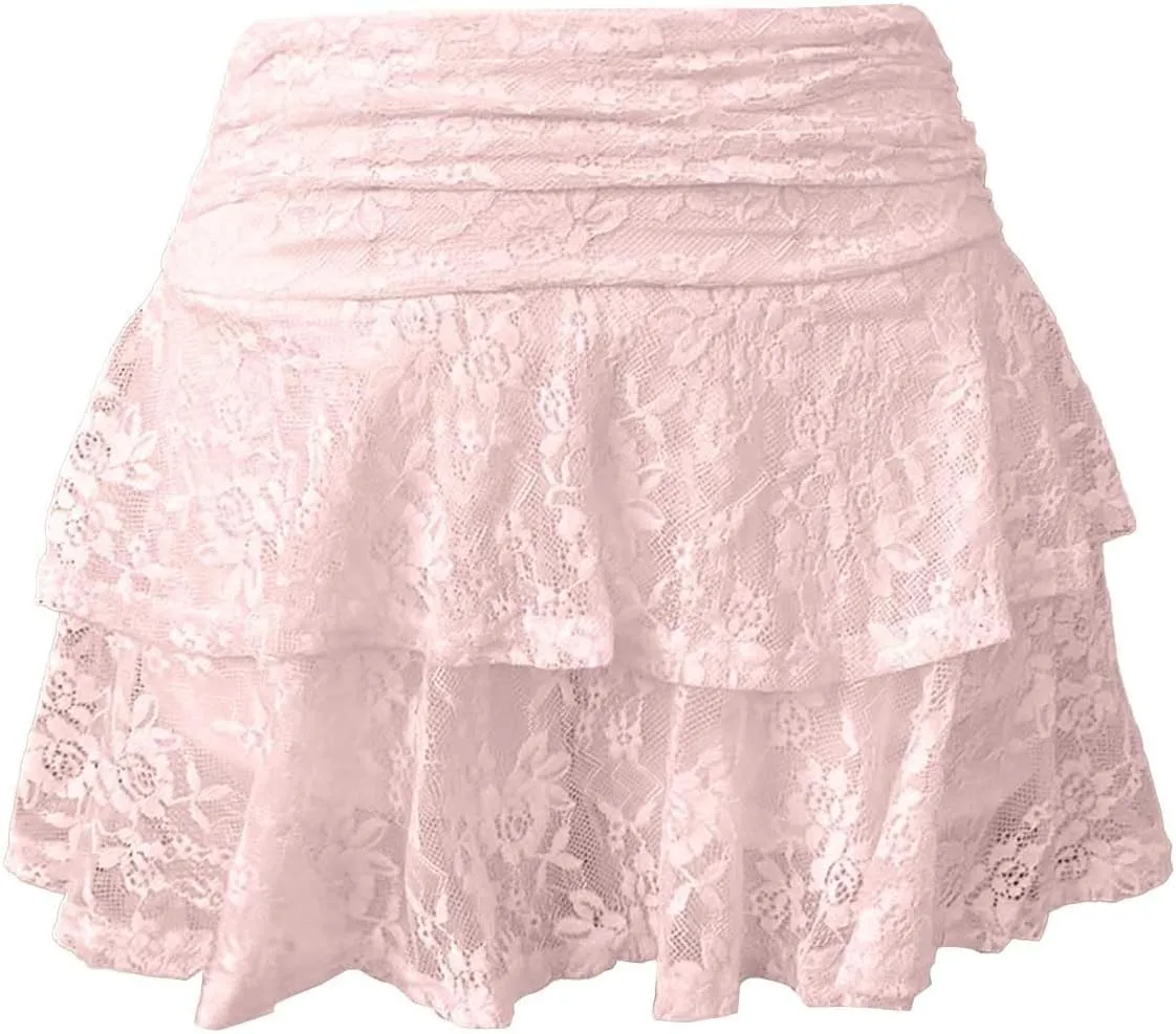 Boho Flowy Shorts for Women Ruffle Tiered Lace Skorts Mini Skirts High Waisted Teen Girls Tennis Skort Summer Short