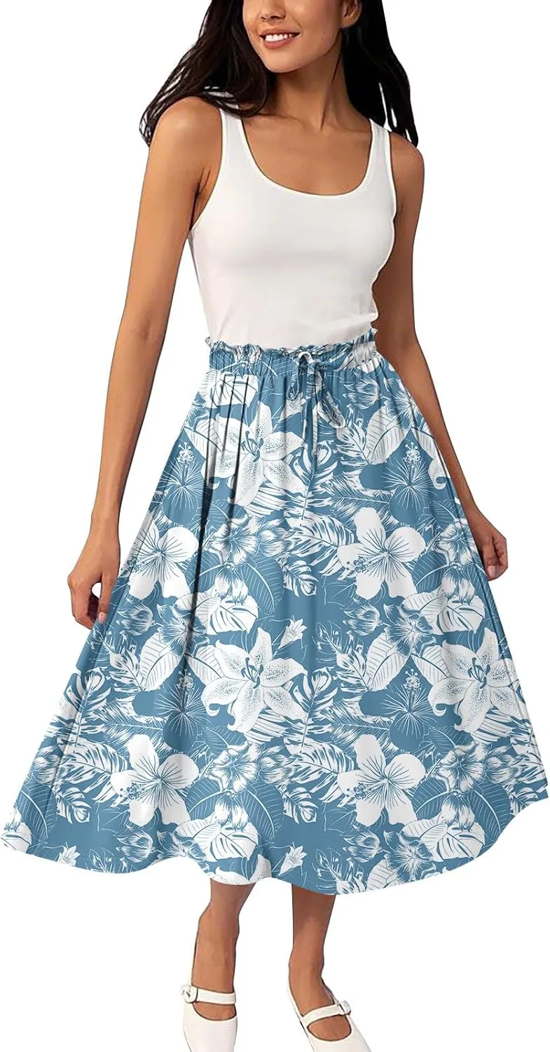 Boho Midi Skirts for Women Summer Drawstring High Waisted Knee Length Skirts A-Line Floral Print Flowy Beach Skirt
