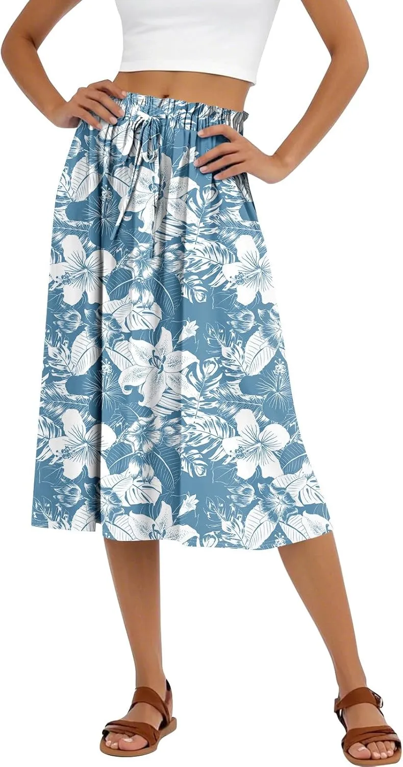 Boho Midi Skirts for Women Summer Drawstring High Waisted Knee Length Skirts A-Line Floral Print Flowy Beach Skirt