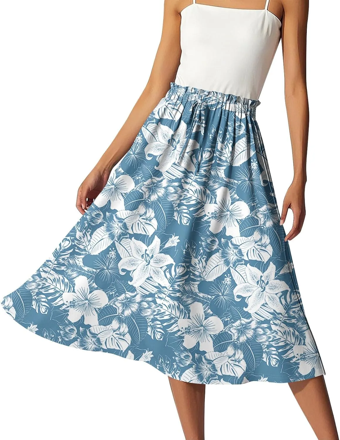 Boho Midi Skirts for Women Summer Drawstring High Waisted Knee Length Skirts A-Line Floral Print Flowy Beach Skirt
