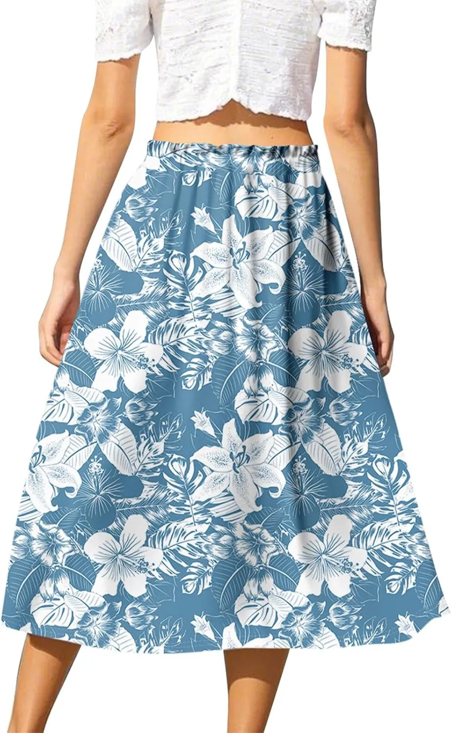 Boho Midi Skirts for Women Summer Drawstring High Waisted Knee Length Skirts A-Line Floral Print Flowy Beach Skirt