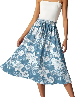 Boho Midi Skirts for Women Summer Drawstring High Waisted Knee Length Skirts A-Line Floral Print Flowy Beach Skirt