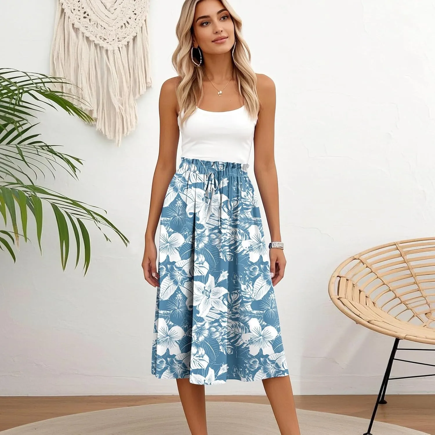 Boho Midi Skirts for Women Summer Drawstring High Waisted Knee Length Skirts A-Line Floral Print Flowy Beach Skirt