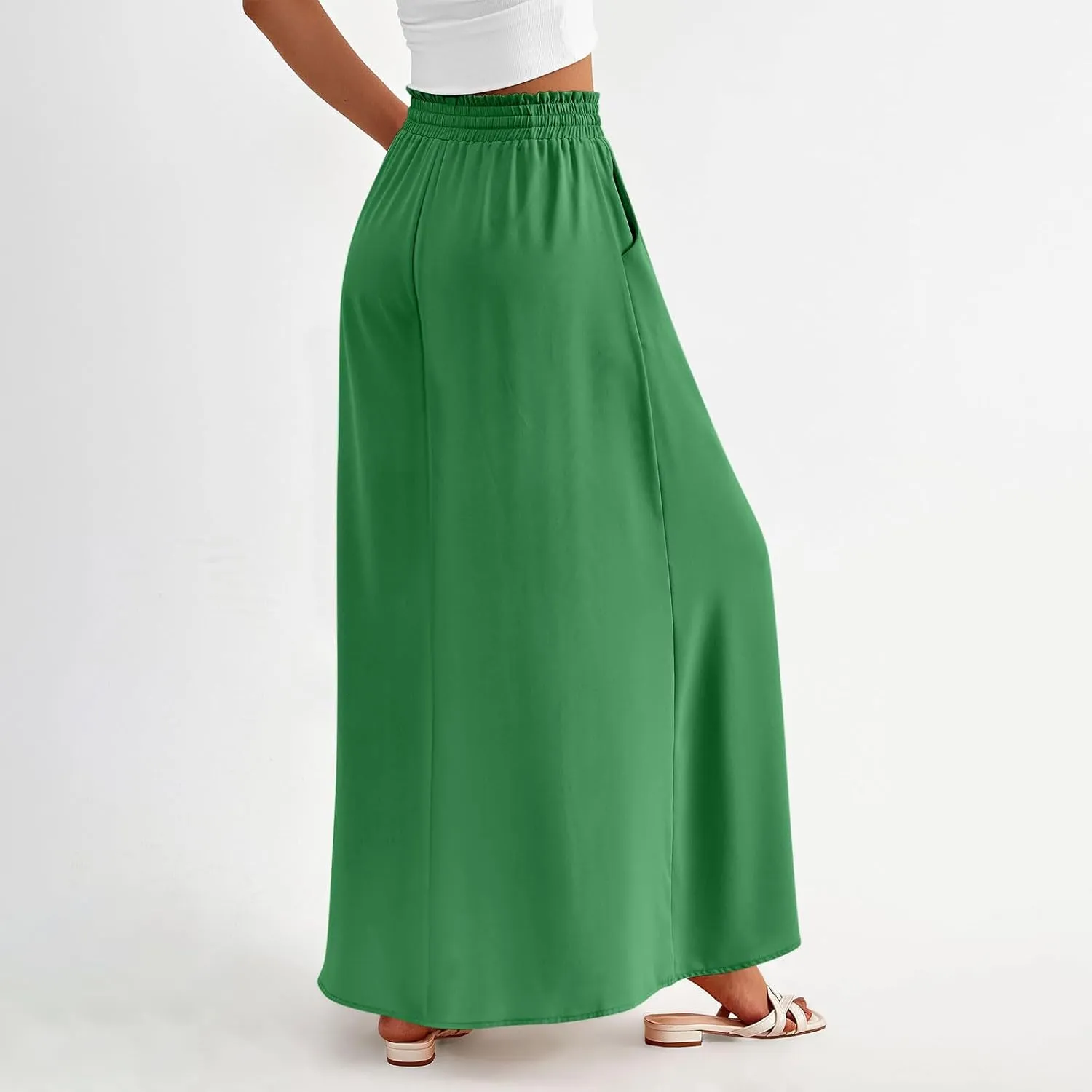 Boho Skirts for Women Casual Smocked Elastic High Waist Tie Long Maxi Skirt Summer Comfy Flowy Dress with Pockets