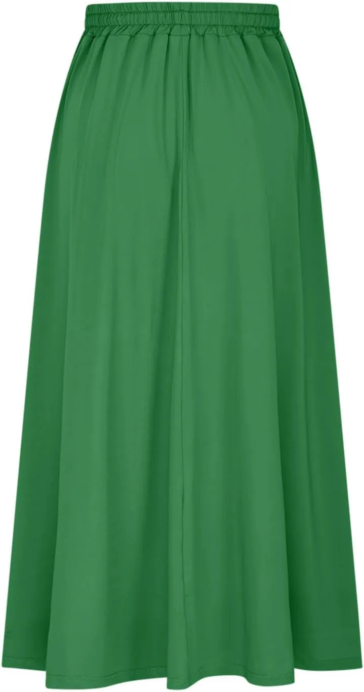 Boho Skirts for Women Casual Smocked Elastic High Waist Tie Long Maxi Skirt Summer Comfy Flowy Dress with Pockets