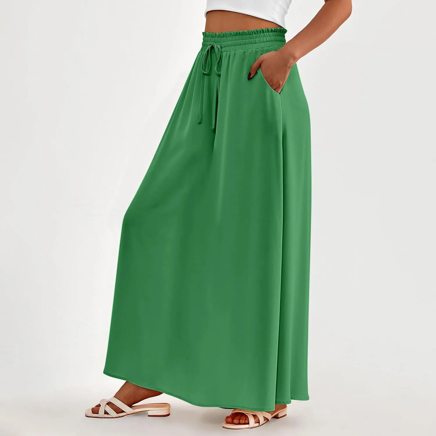 Boho Skirts for Women Casual Smocked Elastic High Waist Tie Long Maxi Skirt Summer Comfy Flowy Dress with Pockets