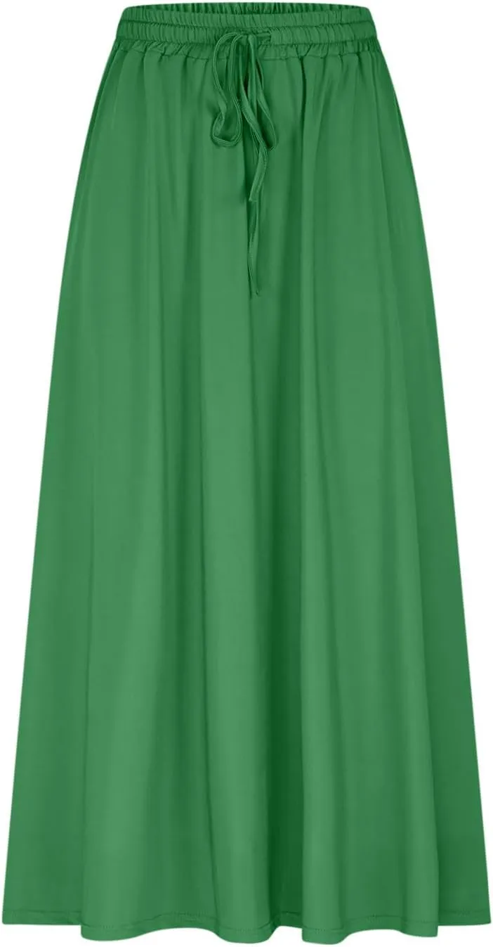 Boho Skirts for Women Casual Smocked Elastic High Waist Tie Long Maxi Skirt Summer Comfy Flowy Dress with Pockets