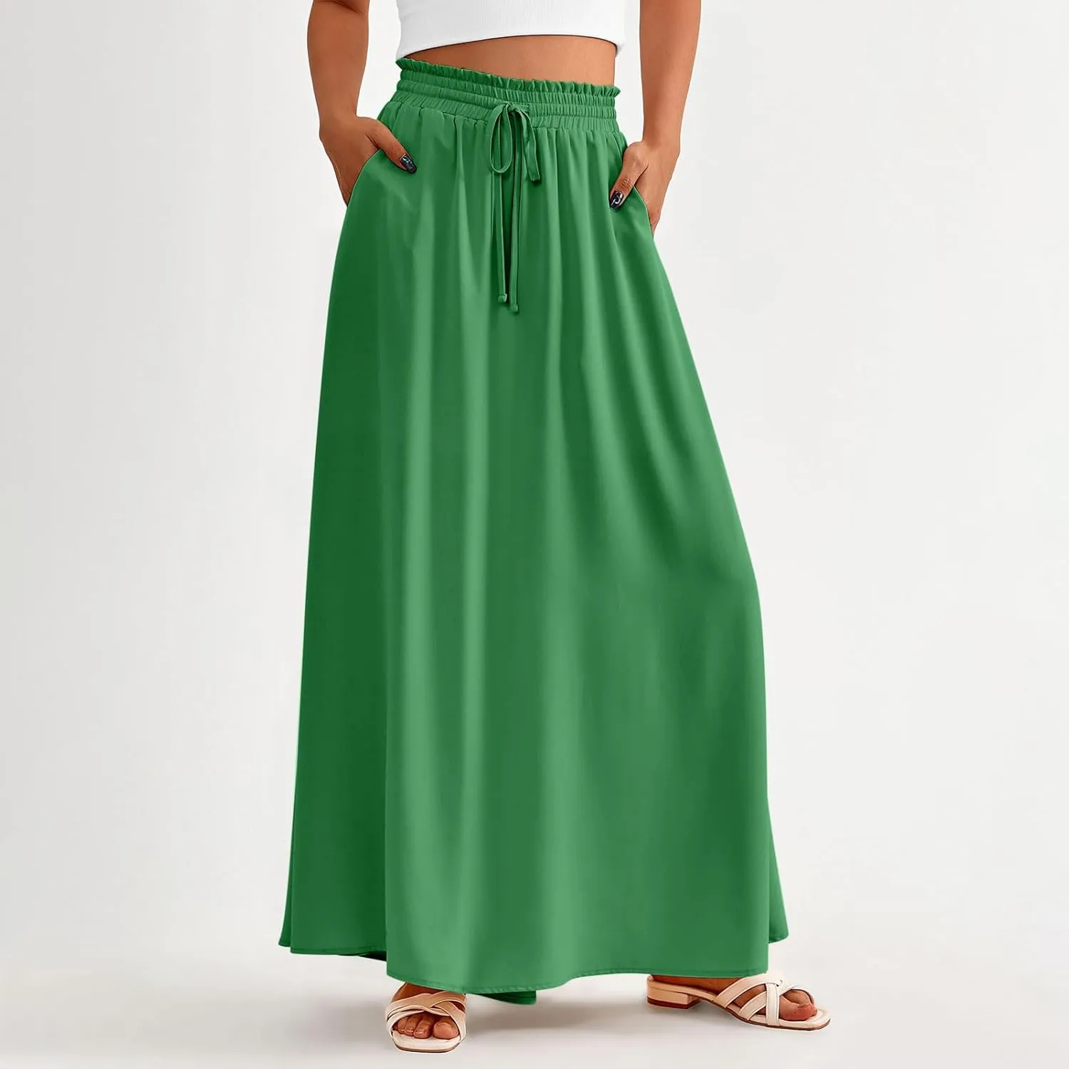 Boho Skirts for Women Casual Smocked Elastic High Waist Tie Long Maxi Skirt Summer Comfy Flowy Dress with Pockets